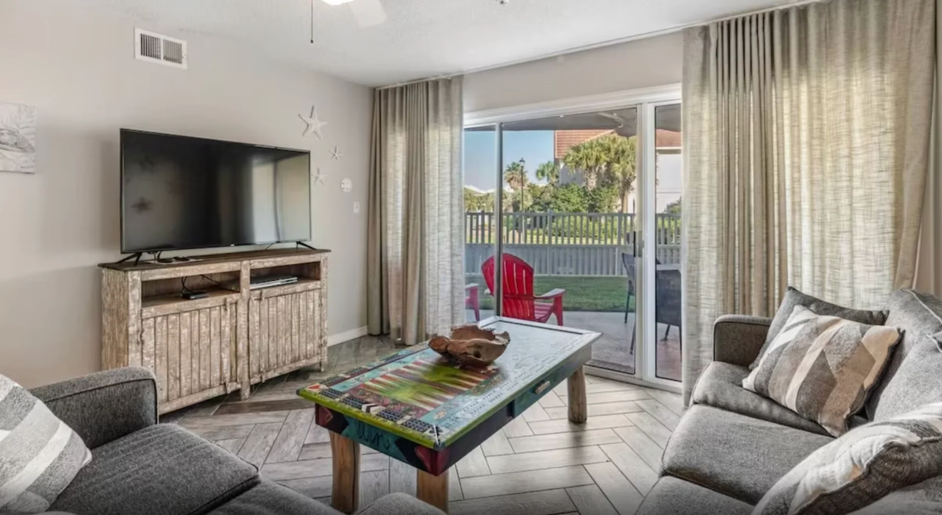 Living room has a Roku TV equipped with all the streaming apps as well as Direct TV for cable channels.