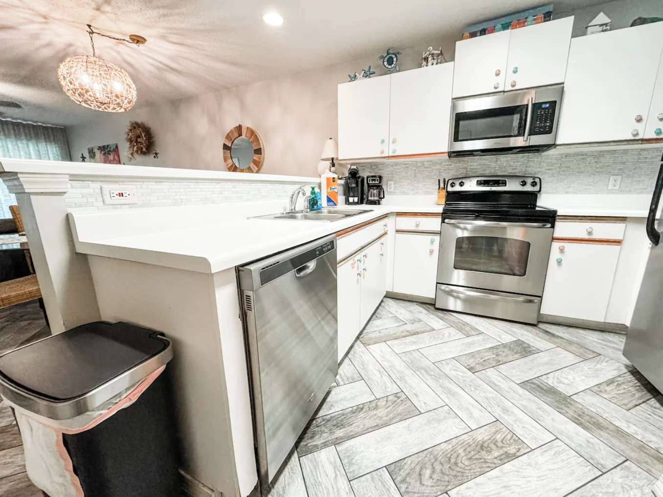 Kitchen is equipped with everything you need to make meals. There is also a washer and dryer in the kitchen.
