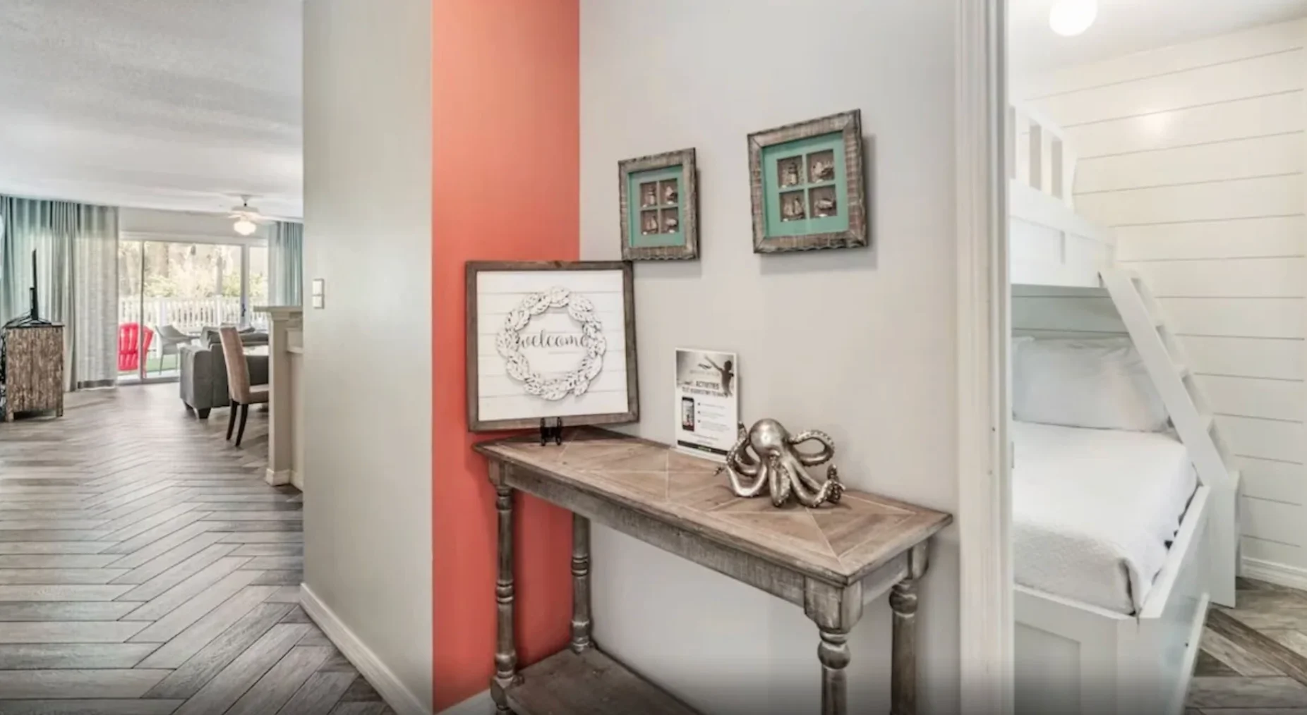 As you enter the condo, you will see the bunk room to the right