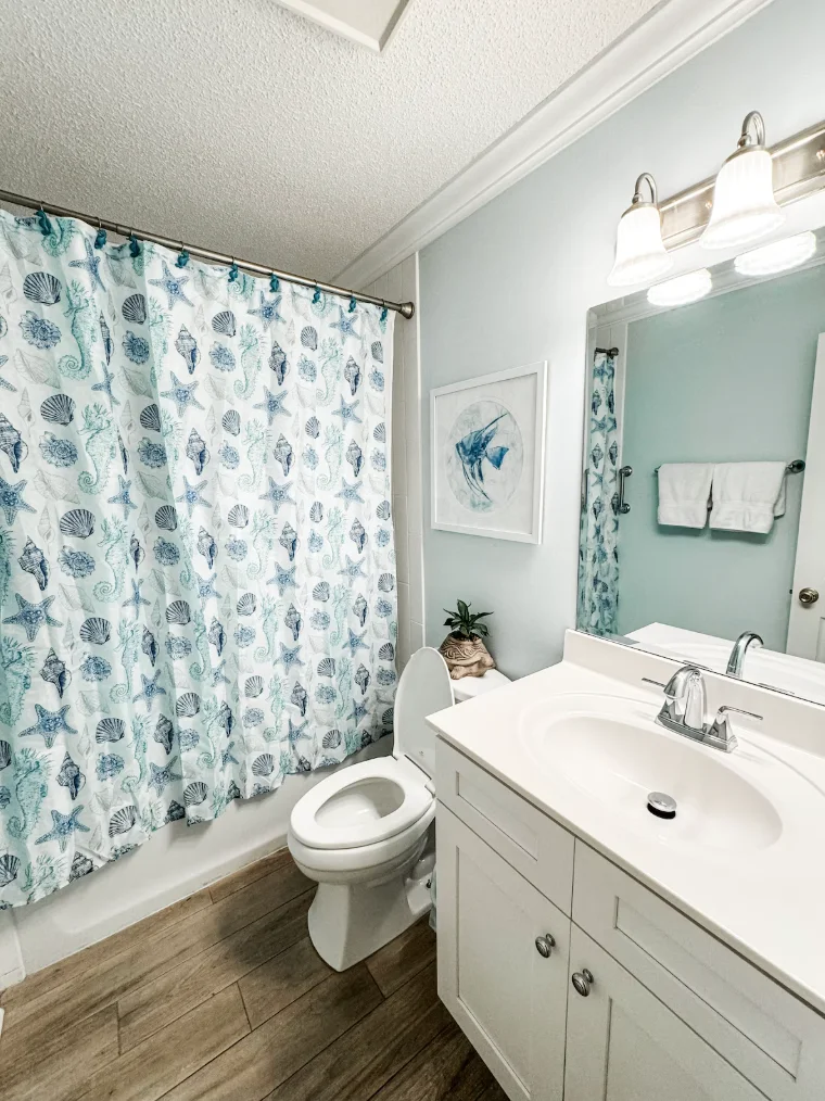 The guest bathroom is a tub/shower combination