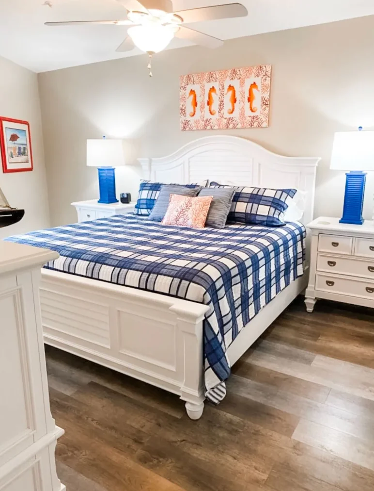 Guest bedroom with new bed framing and bedspread. This is a king size bed.