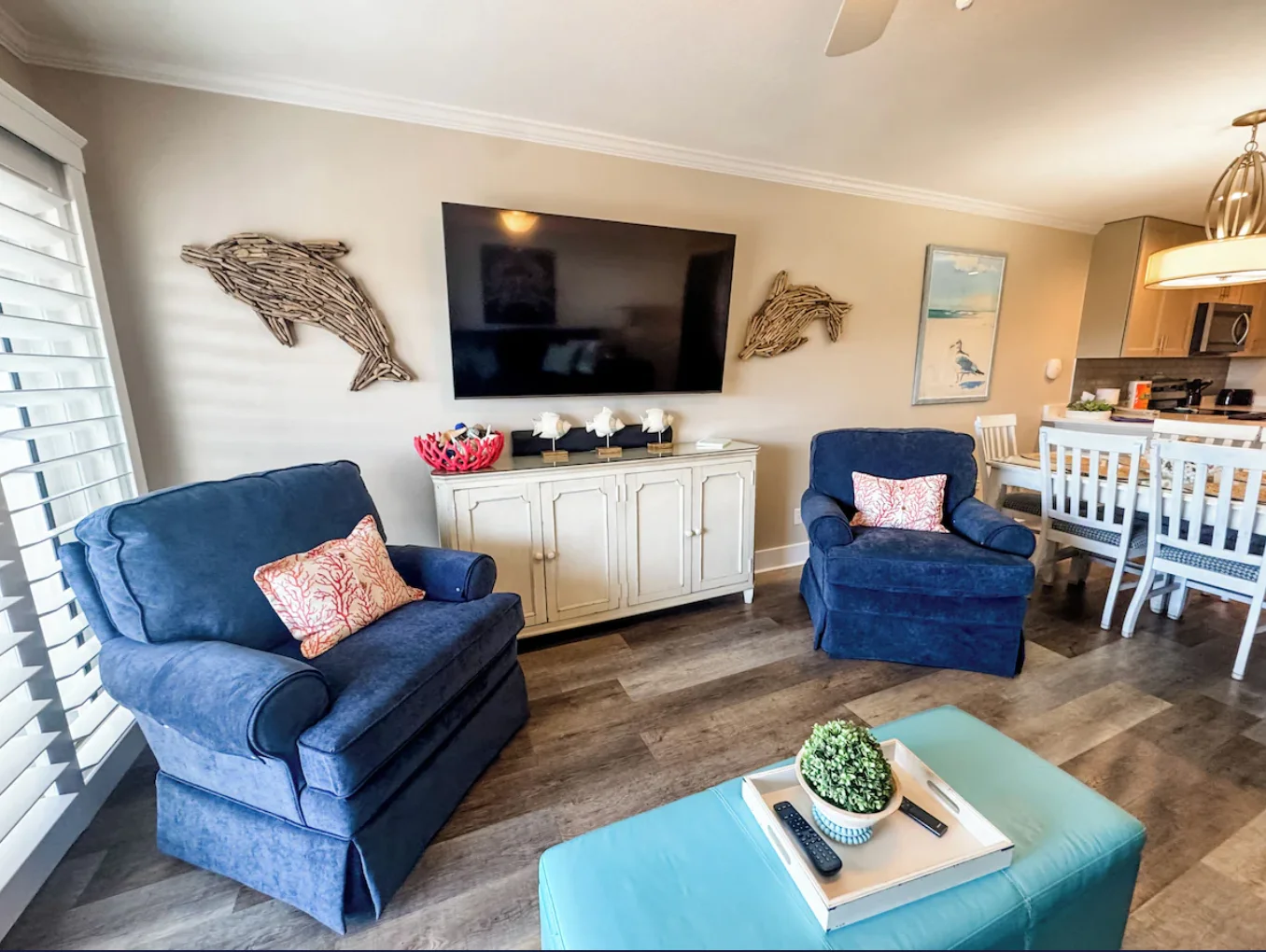 Perfect for relaxing after a fun day at the beach. The family room has a new 65" Samsung Smart TV with a soundbar and 2 brand new chairs.