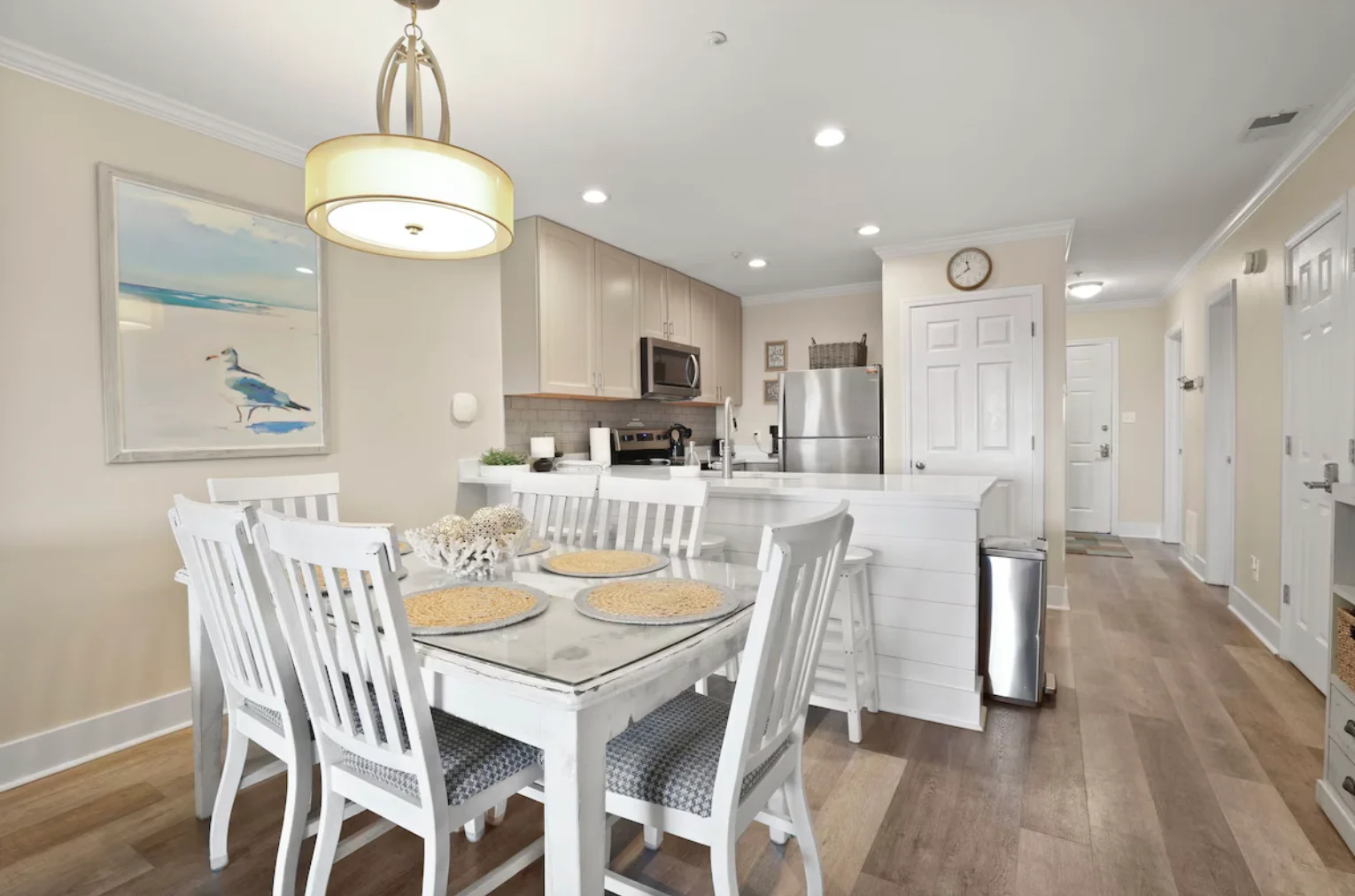 Dining area. There are 9 total chairs for seating in the dining area.