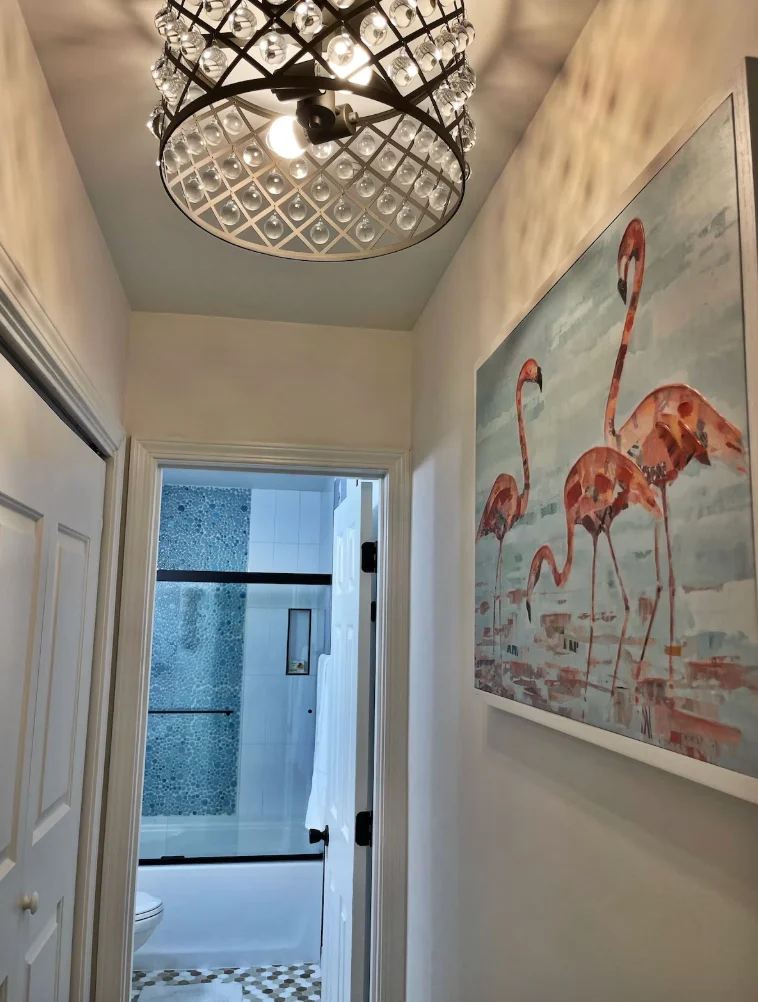 There is an en suite bathroom. Luxurious chandelier w/ real crystals.