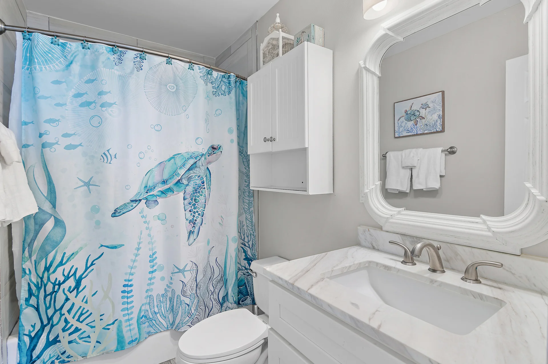 The Master Bathroom has a shower over tub!